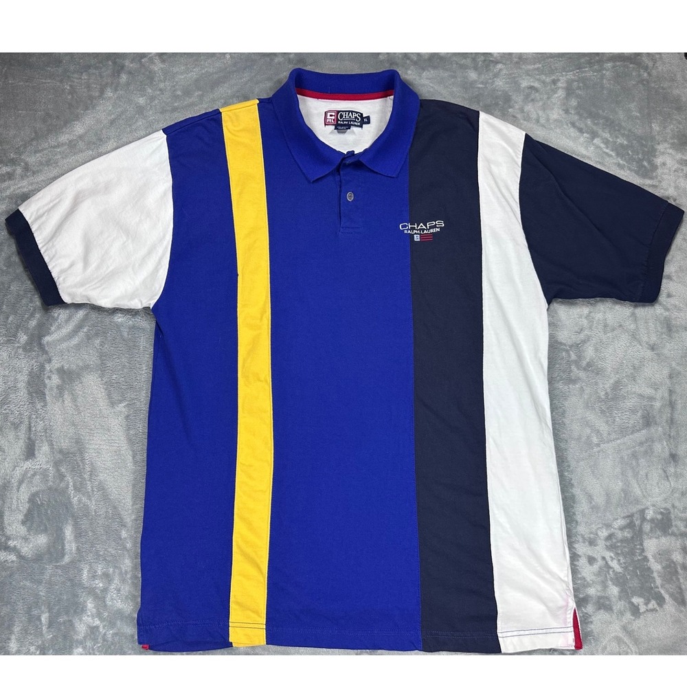 Vintage Chaps Ralph Lauren Color Block Polo Shirt Mens XL Blue Yellow Flag Logo